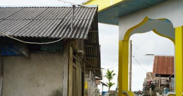 Solar panel and cables in a village without electricity 